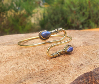 Golden Lapis Lazuli Bracelet / Spiral Boho Bangle / Ethnic / Rustic / Bohemian / Hippie / Gypsy / Psy / Adjustable