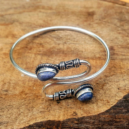 Silver Lapis Lazuli Bracelet / Spiral Boho Bangle / Ethnic / Rustic / Bohemian / Hippie / Gypsy / Psy / Adjustable