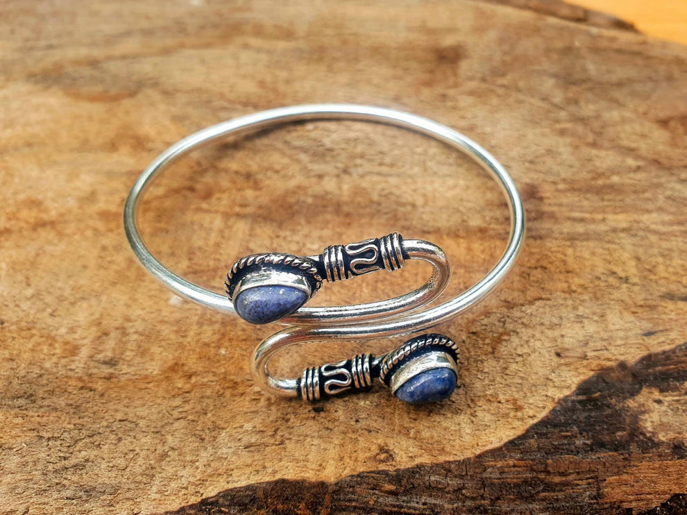 Silver Lapis Lazuli Bracelet / Spiral Boho Bangle / Ethnic / Rustic / Bohemian / Hippie / Gypsy / Psy / Adjustable