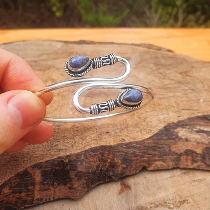 Silver Lapis Lazuli Bracelet / Spiral Boho Bangle / Ethnic / Rustic / Bohemian / Hippie / Gypsy / Psy / Adjustable