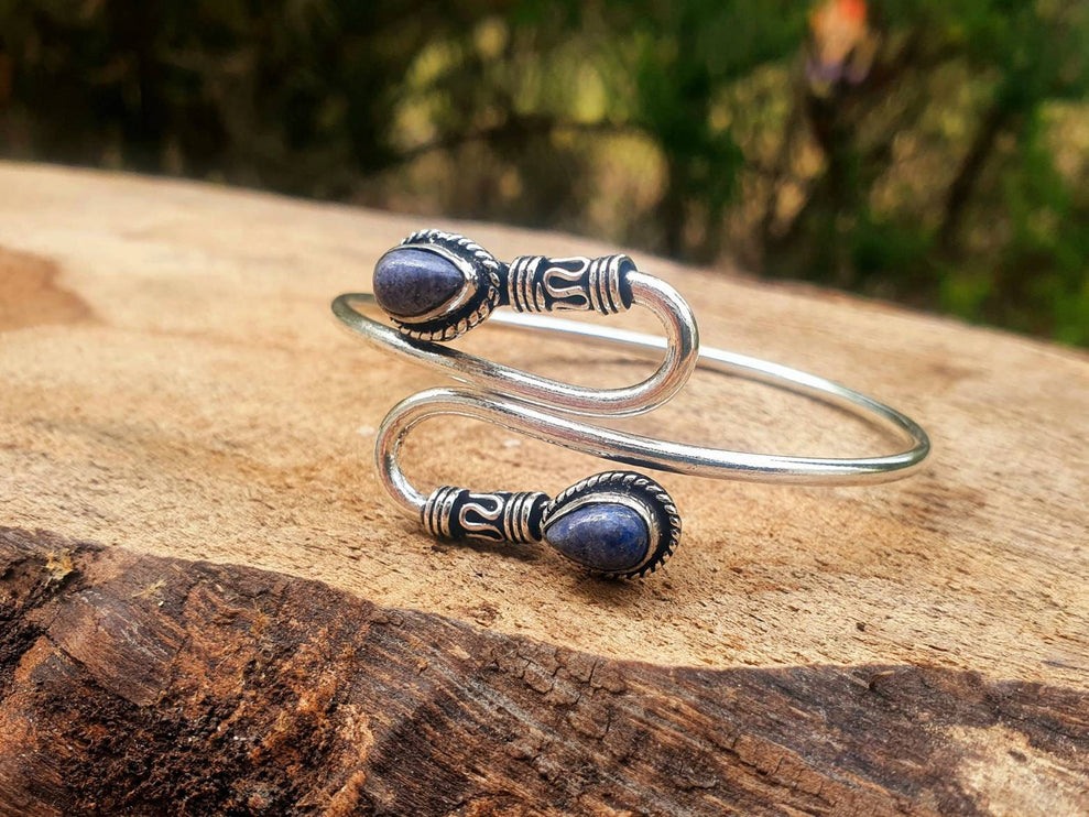 Silver Lapis Lazuli Bracelet / Spiral Boho Bangle / Ethnic / Rustic / Bohemian / Hippie / Gypsy / Psy / Adjustable