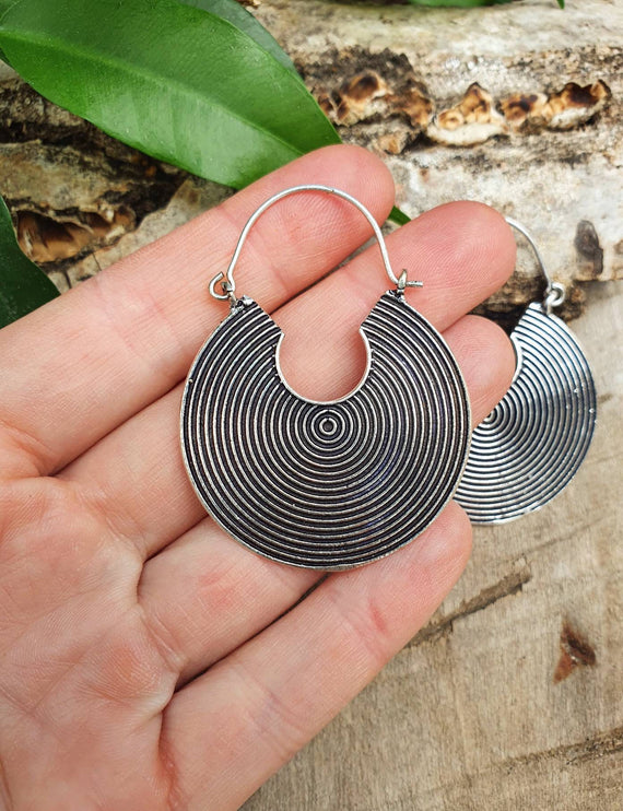 Geometric Silver Spiral Earrings; Boho Ethnic Rustic Indian Festival Psy Gypsy Spiral Hippie Tribal style