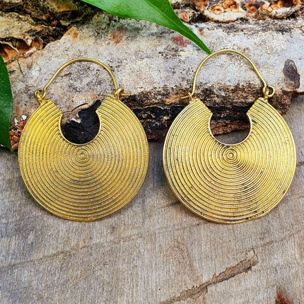 Geometric Circle Tribal Brass earrings; Boho Ethnic Rustic Indian Festival Psy Gypsy Spiral Hippie Tribal style