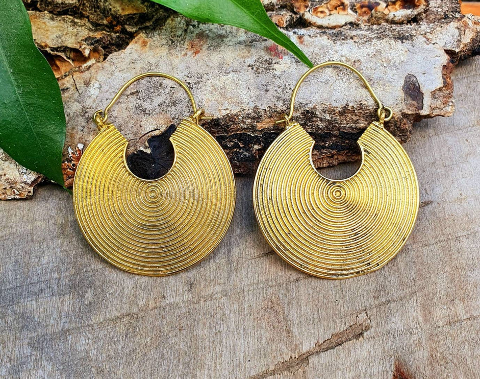 Geometric Circle Tribal Brass earrings; Boho Ethnic Rustic Indian Festival Psy Gypsy Spiral Hippie Tribal style