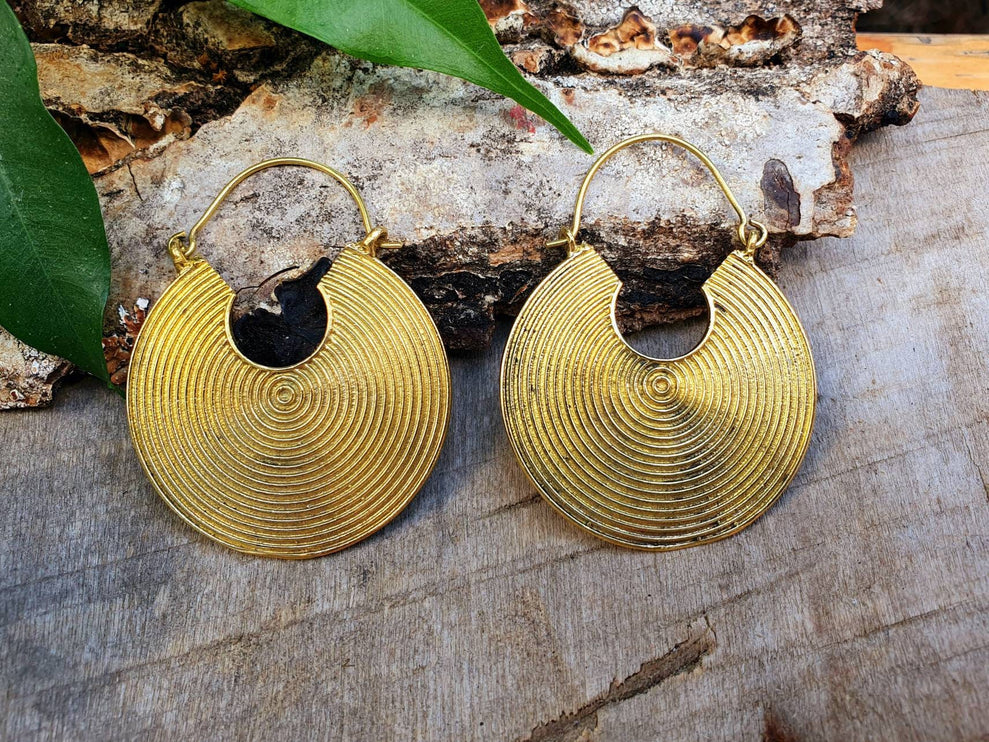 Geometric Circle Tribal Brass earrings; Boho Ethnic Rustic Indian Festival Psy Gypsy Spiral Hippie Tribal style