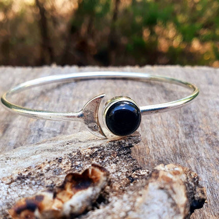 Silver Moon Bracelet / Black Onyx / Bangle / Galaxy / Solar System / Planets / Boho / Adjustable / Hippie / Chic / Sun