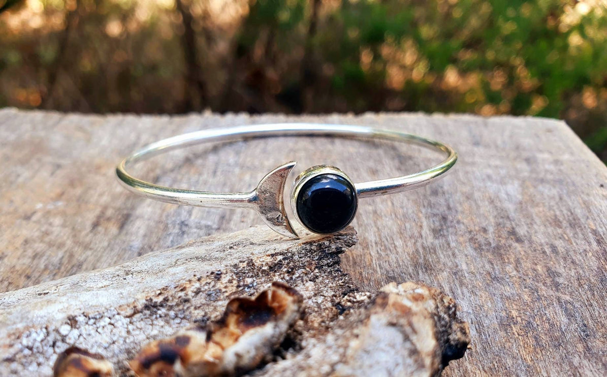 Silver Moon Bracelet / Black Onyx / Bangle / Galaxy / Solar System / Planets / Boho / Adjustable / Hippie / Chic / Sun