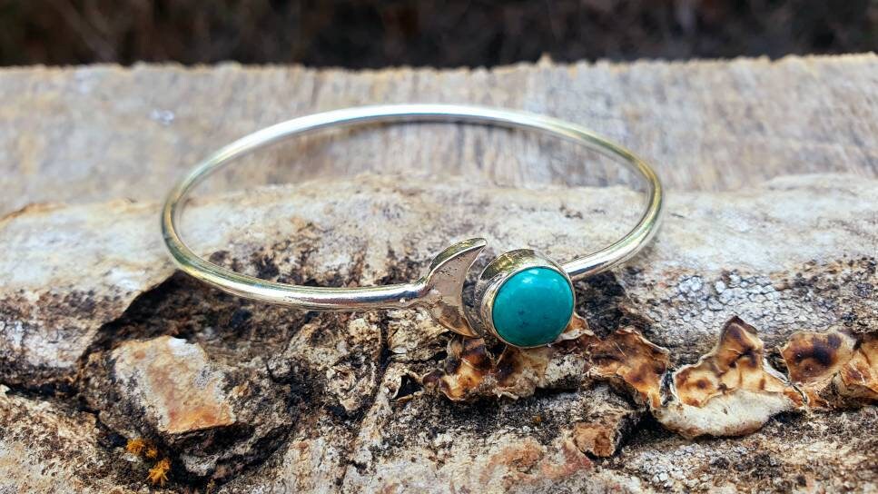 Silver Moon Bracelet / Turquoise / Bangle / Galaxy / Solar System / Planets / Boho / Adjustable / Hippie / Chic / Sun