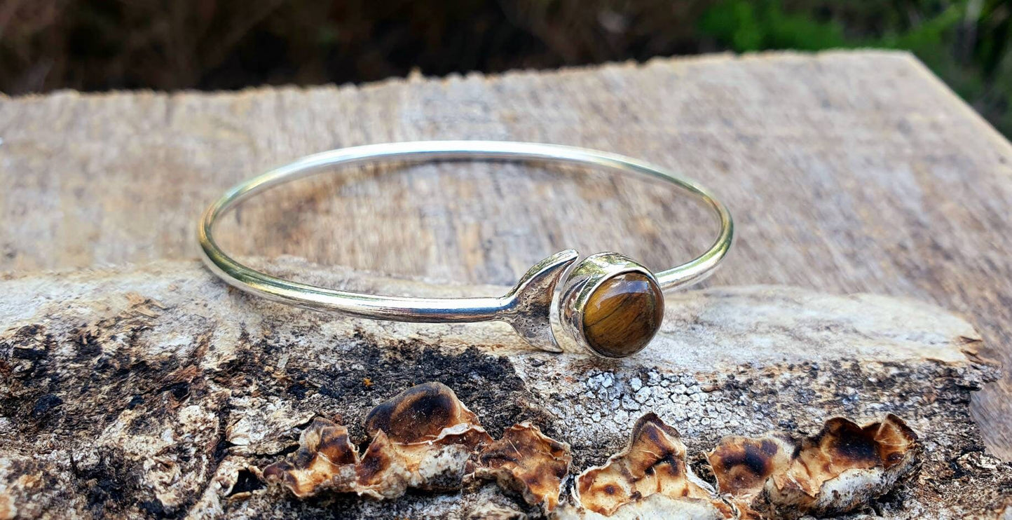 Silver Moon Bracelet / Tiger eye / Bangle / Galaxy / Solar System / Planets / Boho / Adjustable / Hippie / Chic / Sun