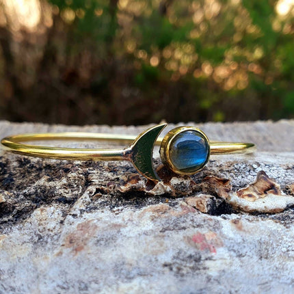 Gold Moon Bracelet / Labradorite / Brass / Bangle / Galaxy / Solar System / Planets / Boho / Adjustable / Hippie / Chic / Sun