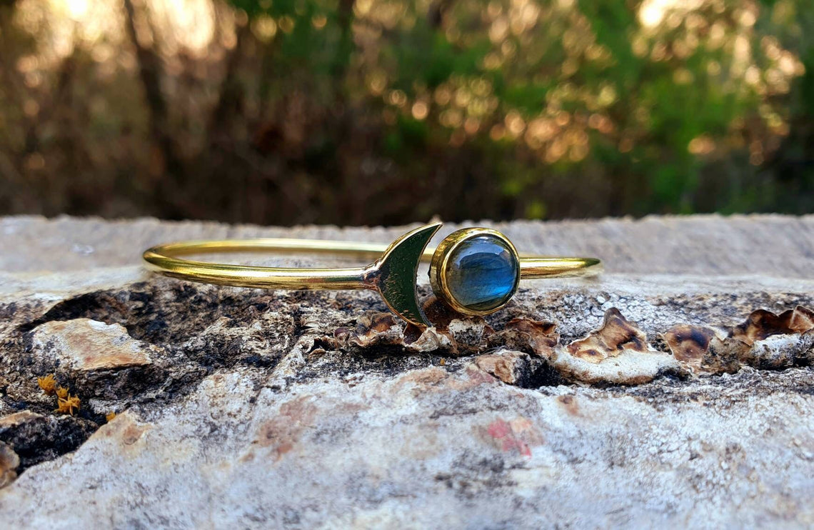 Gold Moon Bracelet / Labradorite / Brass / Bangle / Galaxy / Solar System / Planets / Boho / Adjustable / Hippie / Chic / Sun