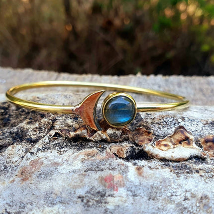 Gold Moon Bracelet / Labradorite / Brass / Bangle / Galaxy / Solar System / Planets / Boho / Adjustable / Hippie / Chic / Sun