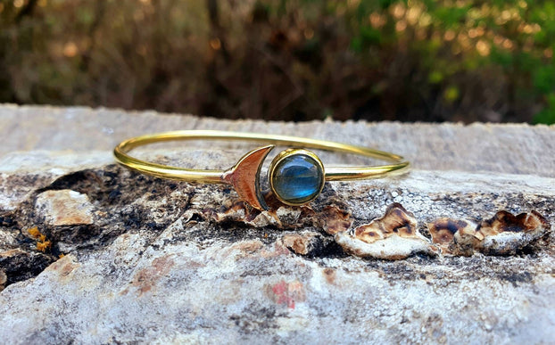 Gold Moon Bracelet / Labradorite / Brass / Bangle / Galaxy / Solar System / Planets / Boho / Adjustable / Hippie / Chic / Sun