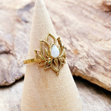 Moonstone Golden Lotus Flower Ring / Gold Flower / Boho / Ethnic / Rustic / Tribal / Gypsy / Festival / Indian / Healing / Festival