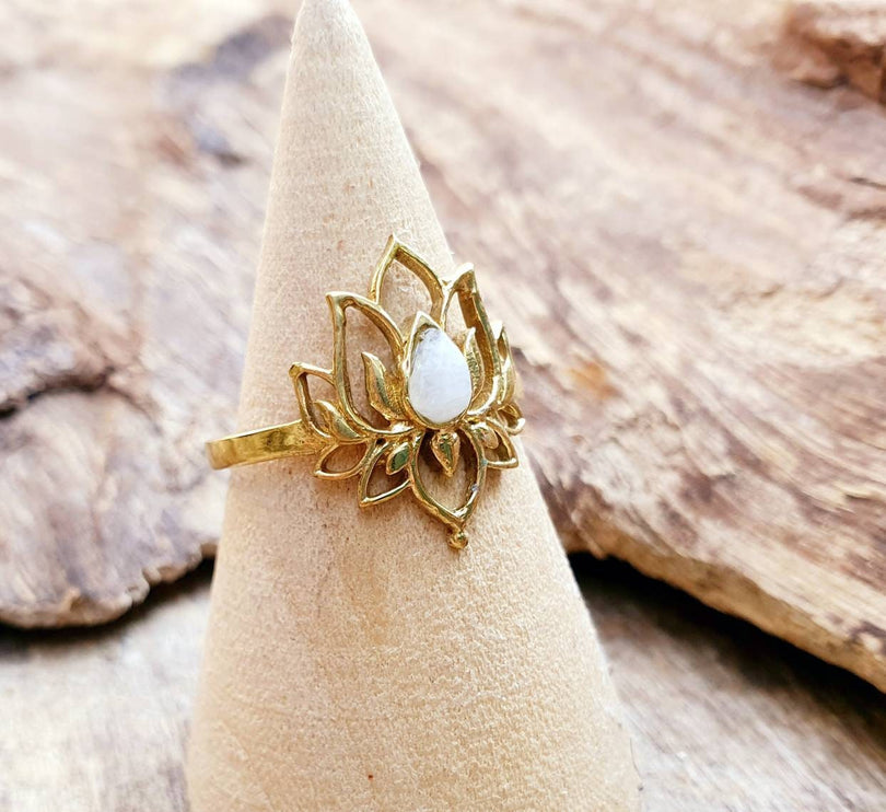 Moonstone Golden Lotus Flower Ring / Gold Flower / Boho / Ethnic / Rustic / Tribal / Gypsy / Festival / Indian / Healing / Festival