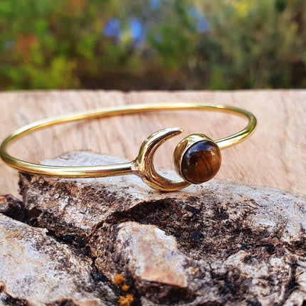 Tiger Eye Bracelet Moon Brass Bangle / Galaxy / Solar System / Planets / Boho / Adjustable / Hippie / Chic / Sun