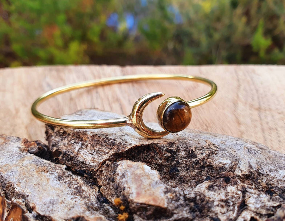 Tiger Eye Bracelet Moon Brass Bangle / Galaxy / Solar System / Planets / Boho / Adjustable / Hippie / Chic / Sun