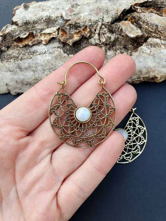 Golden Ethnic Moonstone Earrings Ethnic, rustic, yoga, hippie, gypsy, pretty, psy, boho, bohemian, festival