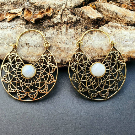 Golden Ethnic Moonstone Earrings Ethnic, rustic, yoga, hippie, gypsy, pretty, psy, boho, bohemian, festival