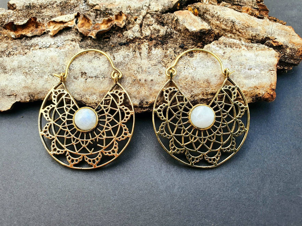 Golden Ethnic Moonstone Earrings Ethnic, rustic, yoga, hippie, gypsy, pretty, psy, boho, bohemian, festival