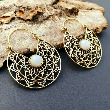 Golden Ethnic Moonstone Earrings Ethnic, rustic, yoga, hippie, gypsy, pretty, psy, boho, bohemian, festival