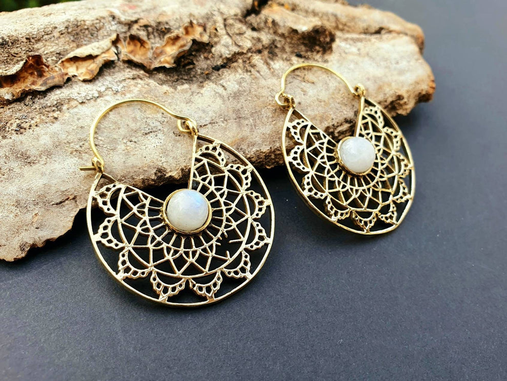 Golden Ethnic Moonstone Earrings Ethnic, rustic, yoga, hippie, gypsy, pretty, psy, boho, bohemian, festival