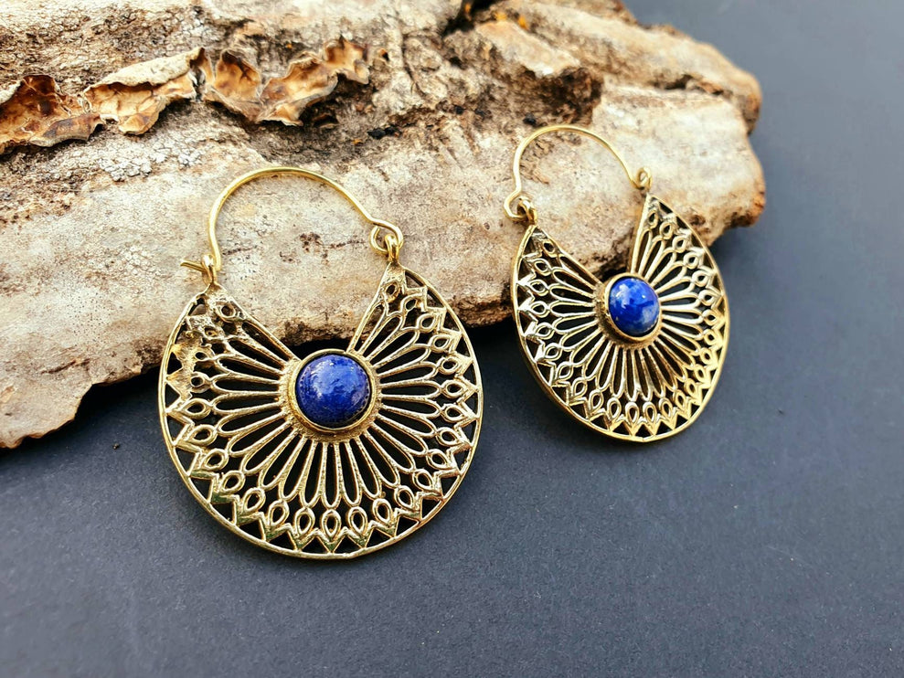 Golden Ethnic Lapis Lazuli Earrings Ethnic, Blue Stone , rustic, yoga, hippie, gypsy, pretty, psy, boho, bohemian, festival