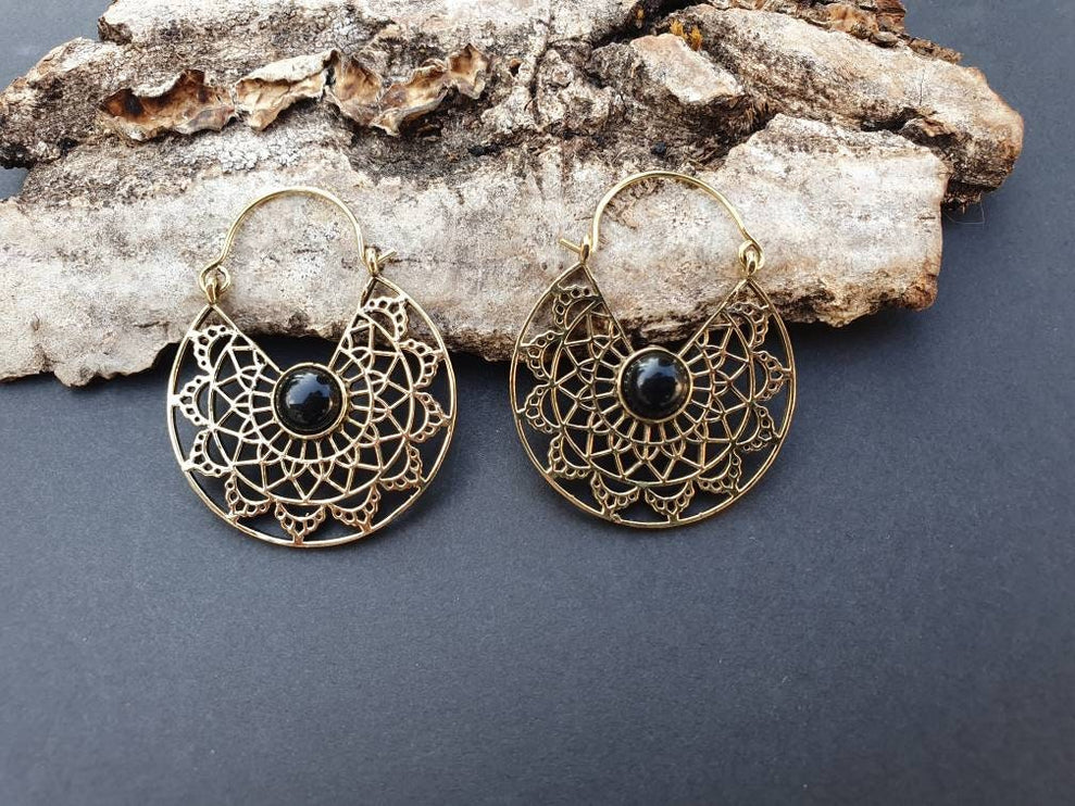 Golden Ethnic Black Onyx Earrings Ethnic, rustic, yoga, hippie, gypsy, pretty, psy, boho, bohemian, festival