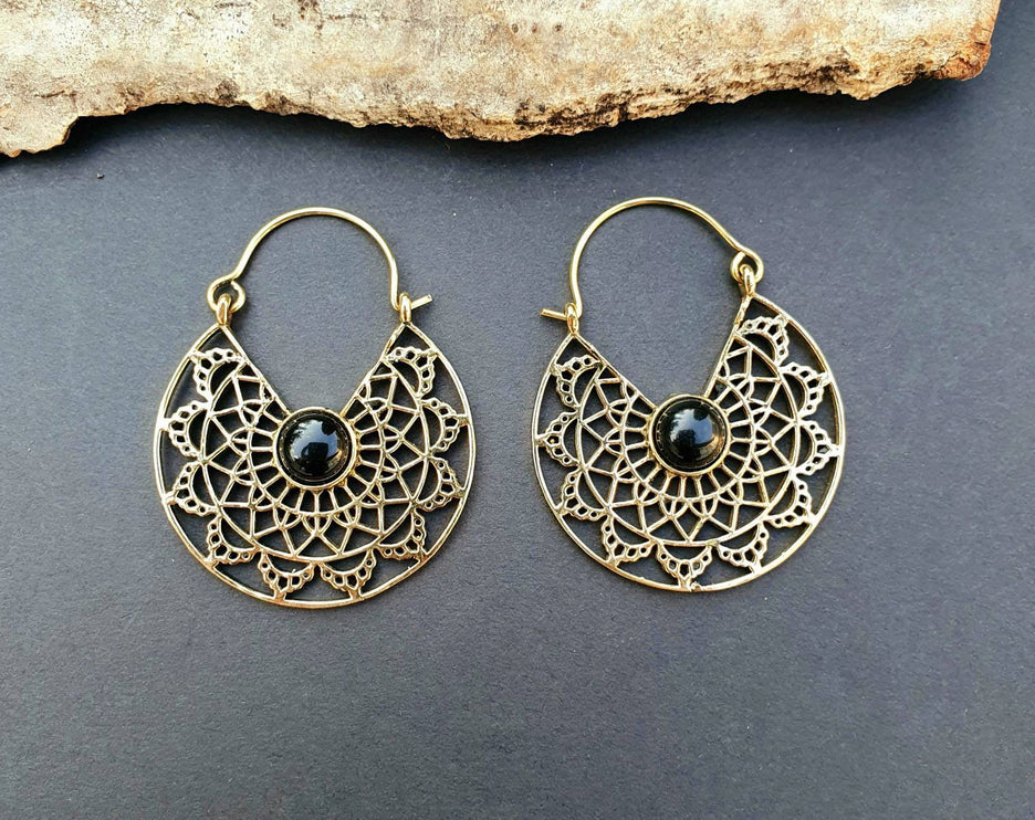 Golden Ethnic Black Onyx Earrings Ethnic, rustic, yoga, hippie, gypsy, pretty, psy, boho, bohemian, festival