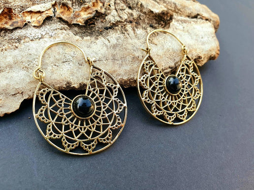 Golden Ethnic Black Onyx Earrings Ethnic, rustic, yoga, hippie, gypsy, pretty, psy, boho, bohemian, festival