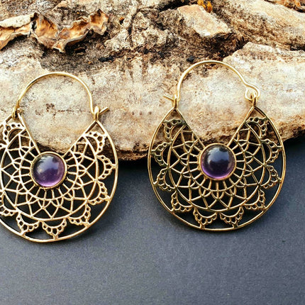 Golden Amethyst Earrings Ethnic, rustic, yoga, hippie, gypsy, pretty, psy, boho, bohemian, festival