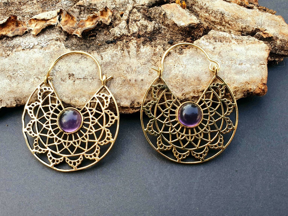 Golden Amethyst Earrings Ethnic, rustic, yoga, hippie, gypsy, pretty, psy, boho, bohemian, festival