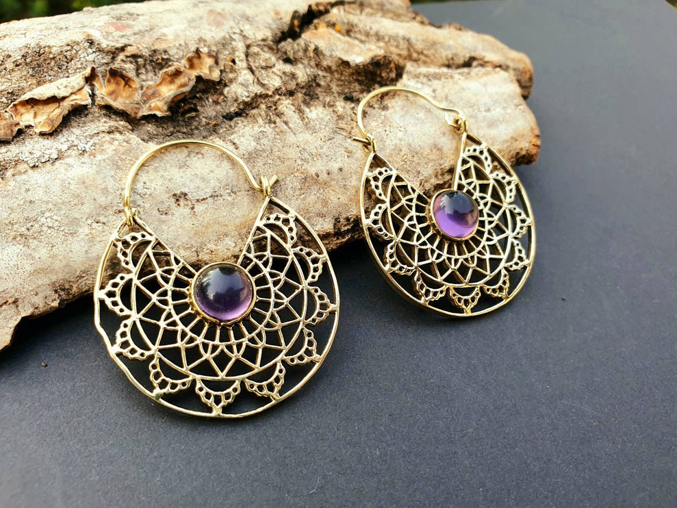 Golden Amethyst Earrings Ethnic, rustic, yoga, hippie, gypsy, pretty, psy, boho, bohemian, festival