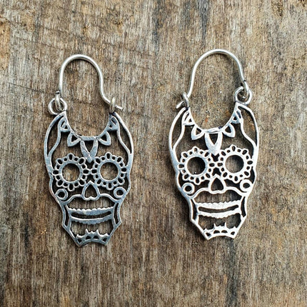 Mini Mexican Sugar Skull Silver Earrings; Day of the Dead Ethnic Boho Rustic Chic Gypsy Spiral Hippie Tribal Bohemian style