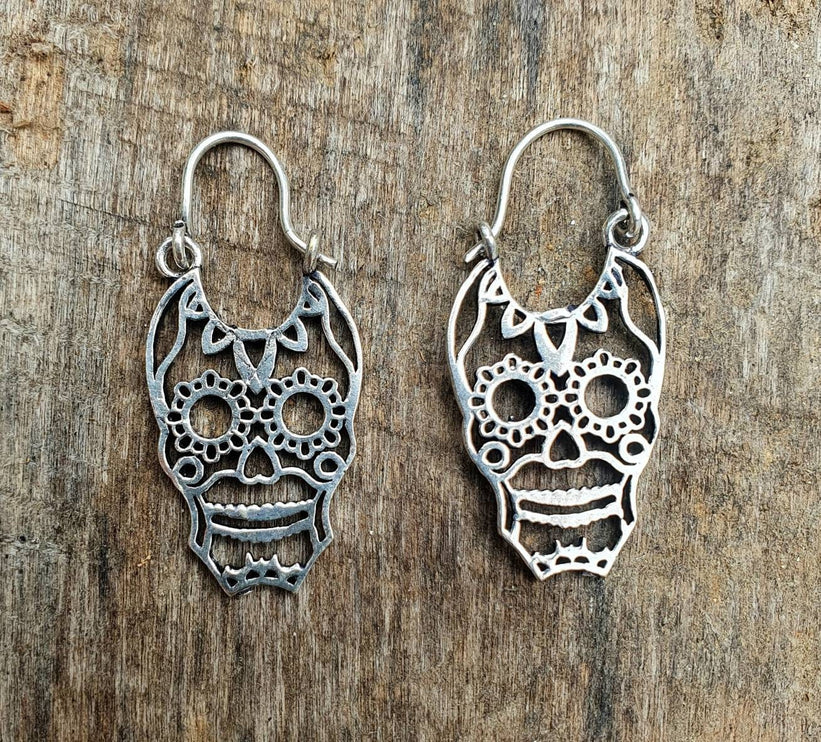 Mini Mexican Sugar Skull Silver Earrings; Day of the Dead Ethnic Boho Rustic Chic Gypsy Spiral Hippie Tribal Bohemian style