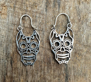 Mini Mexican Sugar Skull Silver Earrings; Day of the Dead Ethnic Boho Rustic Chic Gypsy Spiral Hippie Tribal Bohemian style