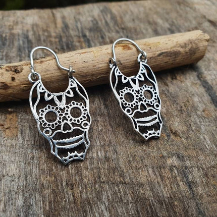 Mini Mexican Sugar Skull Silver Earrings; Day of the Dead Ethnic Boho Rustic Chic Gypsy Spiral Hippie Tribal Bohemian style