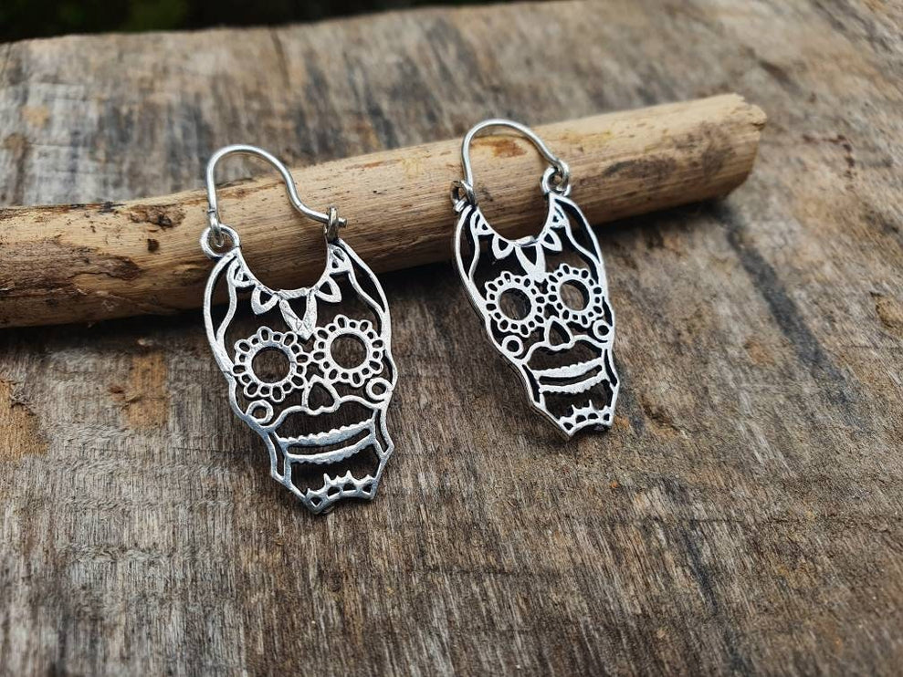 Mini Mexican Sugar Skull Silver Earrings; Day of the Dead Ethnic Boho Rustic Chic Gypsy Spiral Hippie Tribal Bohemian style