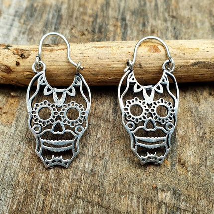 Mini Mexican Sugar Skull Silver Earrings; Day of the Dead Ethnic Boho Rustic Chic Gypsy Spiral Hippie Tribal Bohemian style