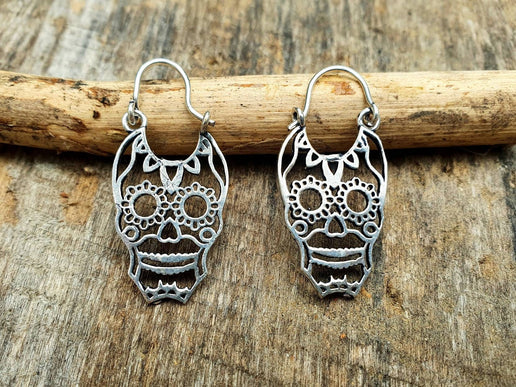 Mini Mexican Sugar Skull Silver Earrings; Day of the Dead Ethnic Boho Rustic Chic Gypsy Spiral Hippie Tribal Bohemian style