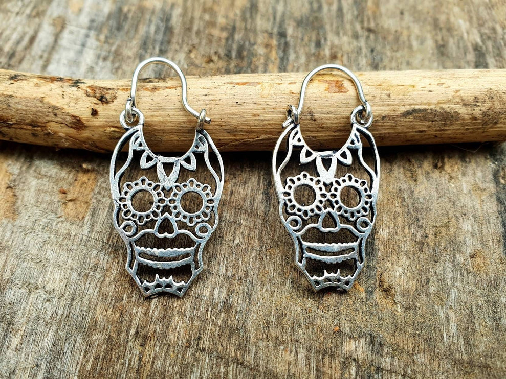 Mini Mexican Sugar Skull Silver Earrings; Day of the Dead Ethnic Boho Rustic Chic Gypsy Spiral Hippie Tribal Bohemian style