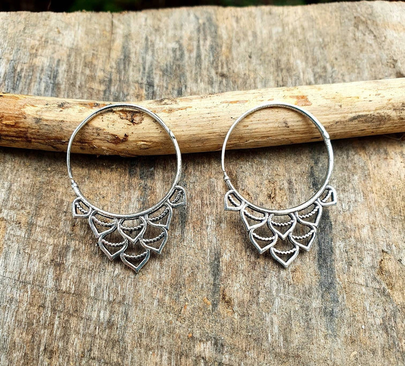 Small Boho Silver Hoop Earrings; Ethnic, Geometric, Rustic, Yoga, Hippie, Gypsy, Pretty, Ssy, Boho, Bohemian, Festival