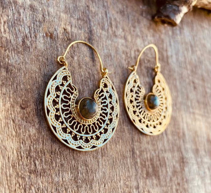 Labradorite & Brass Hoop Earrings Ethnic, rustic, yoga, hippie, gypsy, pretty, psy, boho, bohemian, festival