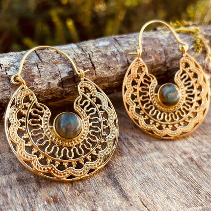 Labradorite & Brass Hoop Earrings Ethnic, rustic, yoga, hippie, gypsy, pretty, psy, boho, bohemian, festival
