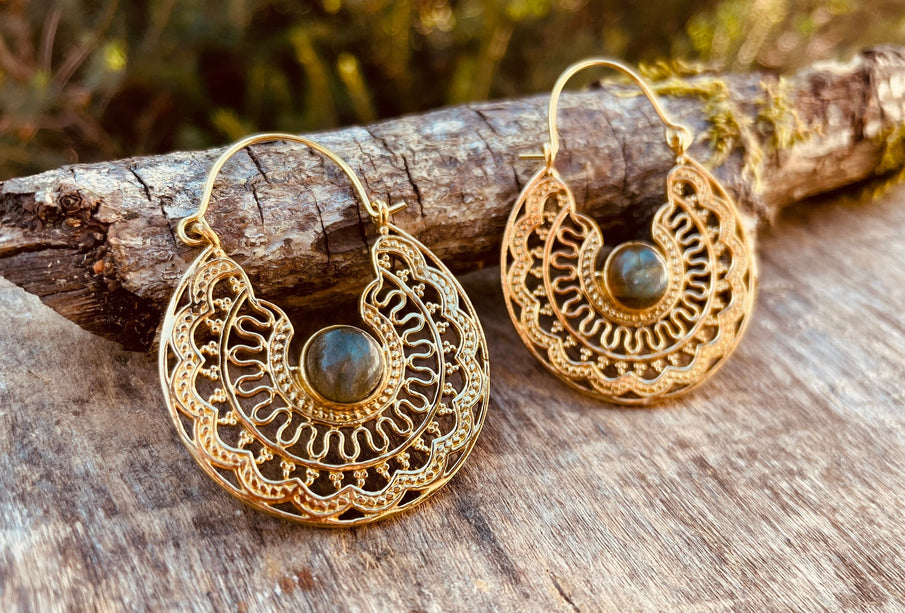 Labradorite & Brass Hoop Earrings Ethnic, rustic, yoga, hippie, gypsy, pretty, psy, boho, bohemian, festival