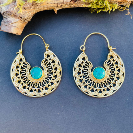 Golden Ethnic Turquoise Earrings Ethnic, rustic, yoga, hippie, gypsy, pretty, psy, boho, bohemian, festival