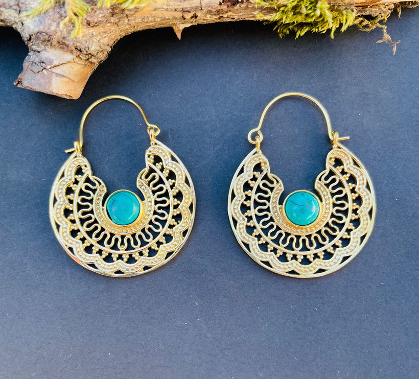 Golden Ethnic Turquoise Earrings Ethnic, rustic, yoga, hippie, gypsy, pretty, psy, boho, bohemian, festival