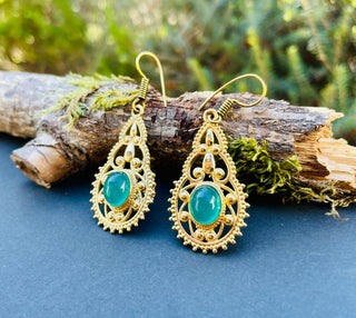Green Onyx earrings Brass Drop Dangle earrings / Birth Stone / Ethnic / rustic, yoga, hippie, gypsy, pretty, psy, boho, bohemian, festival
