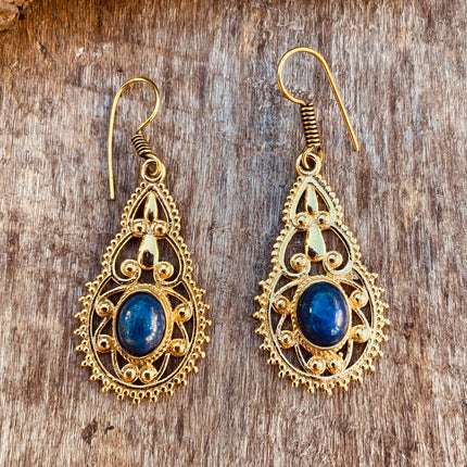 Lapis Lazuli earrings Brass Drop Dangle earrings / Birth Stone / Ethnic / rustic, yoga, hippie, gypsy, pretty, psy, boho, bohemian, festival