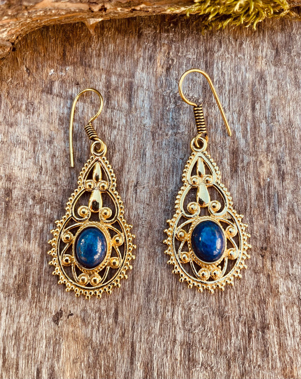 Lapis Lazuli earrings Brass Drop Dangle earrings / Birth Stone / Ethnic / rustic, yoga, hippie, gypsy, pretty, psy, boho, bohemian, festival